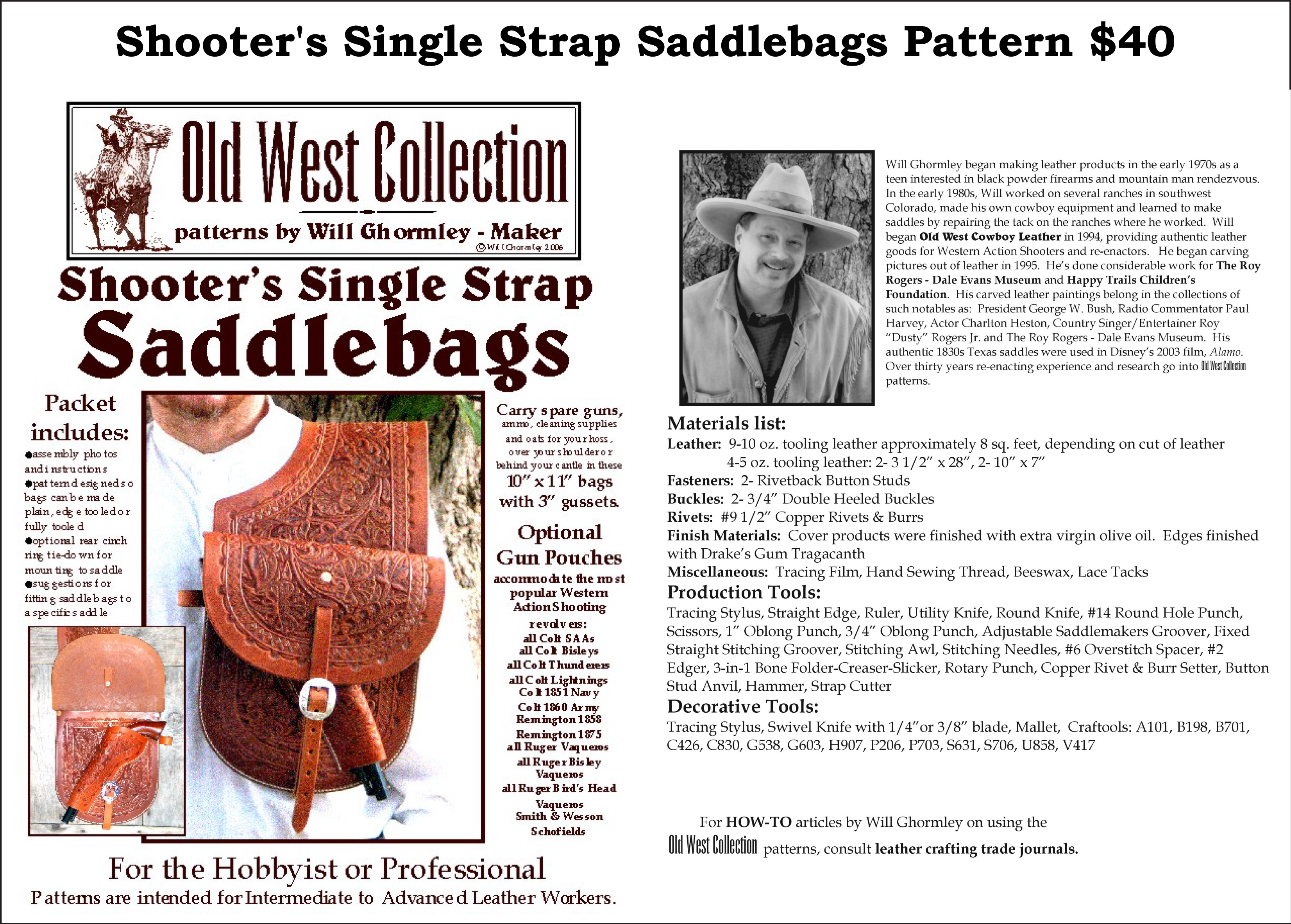 Shooter's Single Strap Saddlebags Pattern — $40.00